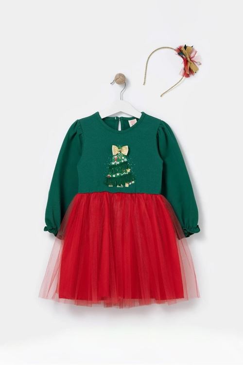 Minigimin Cicileri Çam Ağacı Yılbaşı Temalı Kız Çocuk Elbise ve Taç- Yeşil-Kırmızı