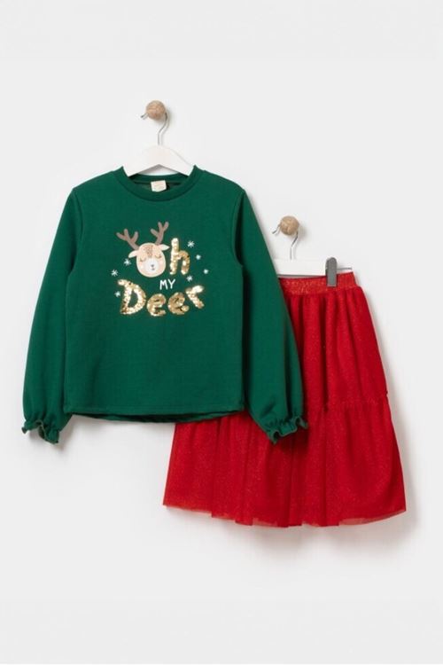 Minigimin Cicileri Oh dear , Yılbaşı Temalı Kız Çocuk Etekli Takım - Yeşil-Kırmızı
