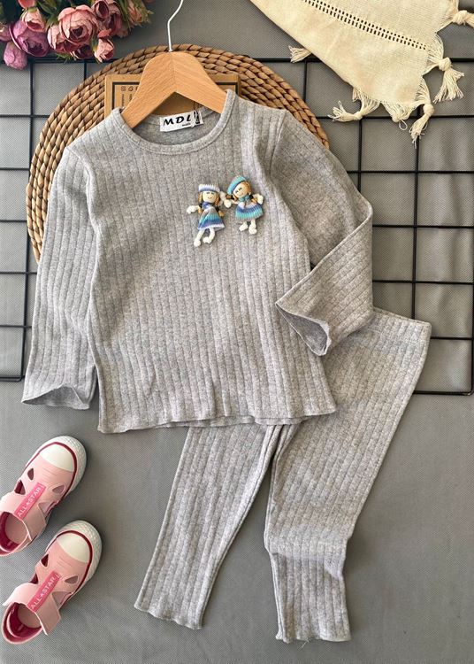 Miniğimin cicileri renkli ikiz kız figürlü bebek taytla takım - Gri