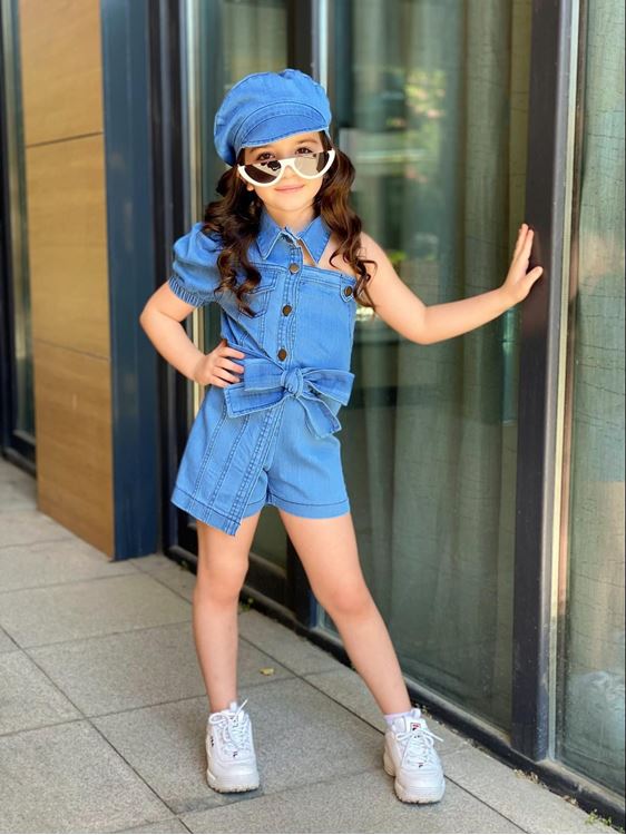 Minigimin Cicileri Asimetrik Kesim Şapkalı Jean Tulum - Mavi