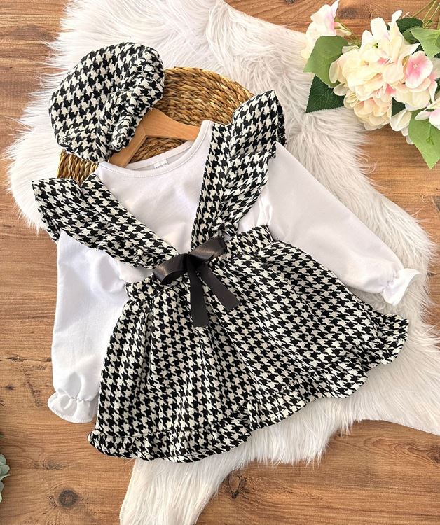 Miniğimin Cicileri Houndstooth Desenli 3'lü Takım Efsane Kombin - Siyah