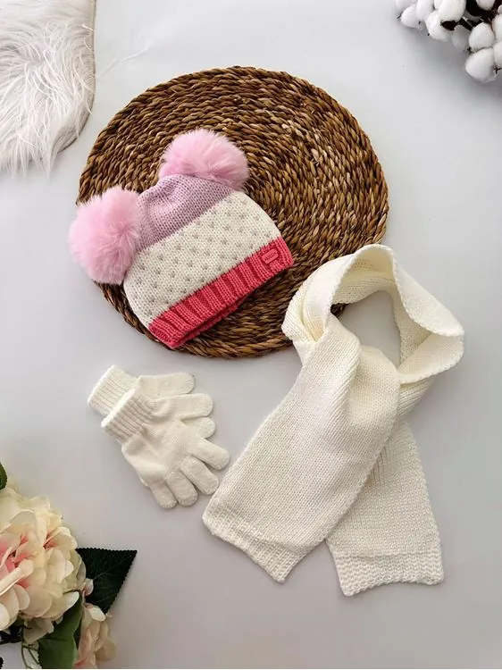 Miniğimin Cicileri Kız Bebek (0-12ay)Kalp desen  Triko Atkı Bere 3 lü Takım - Beyaz