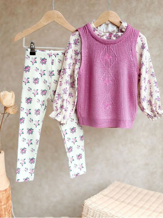 Miniğimin Cicileri Triko Çiçekli 3 lü Tarz Kız Çocuk Taytlı  Takım - Pembe