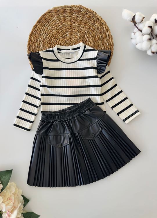 Miniğimin Cicileri Deri Pilise Etek Kız Çocuk 2 li Takım - Siyah