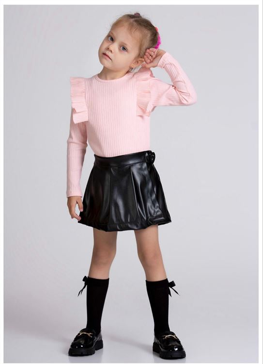 Miniğimin Cicileri Kalp Tokalı Deri Etek Fırfırlı Badi Kız Çocuk Kombin - Somon