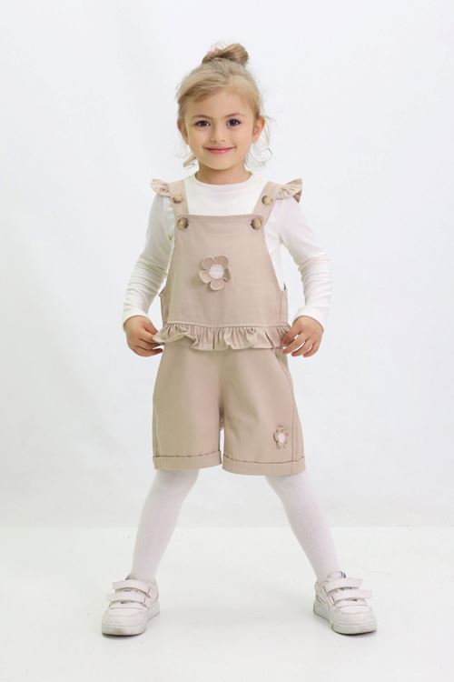 Miniğimin Cicileri Papatya Örgü Desen Fırfırlı 3 lü Salopet Takım - Bej