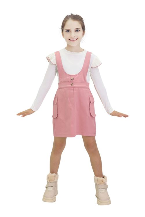 Miniğimin Cicileri Gabardin Kız Çocuk Yandan Cepli Salopet 2 li Takım - Pembe