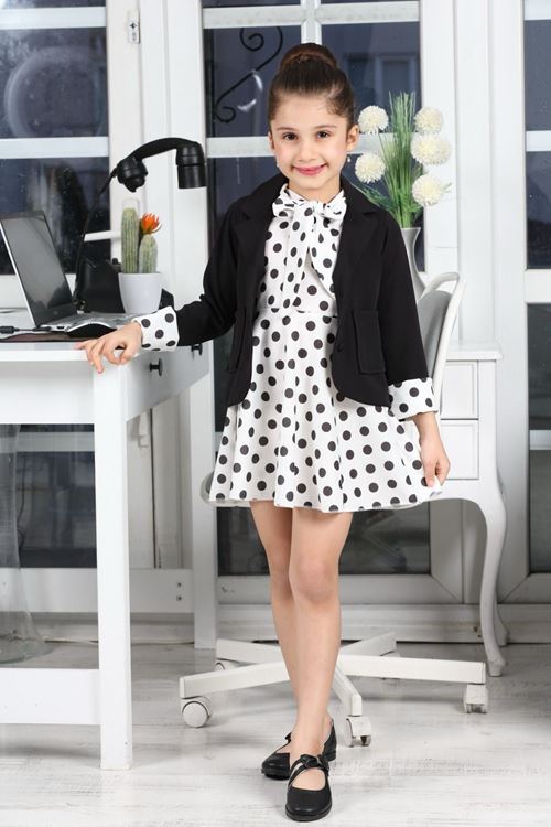 Miniğimin Cicileri Retro Puantiye Desenli Kız Çocuk Ceketli Takım - Siyah