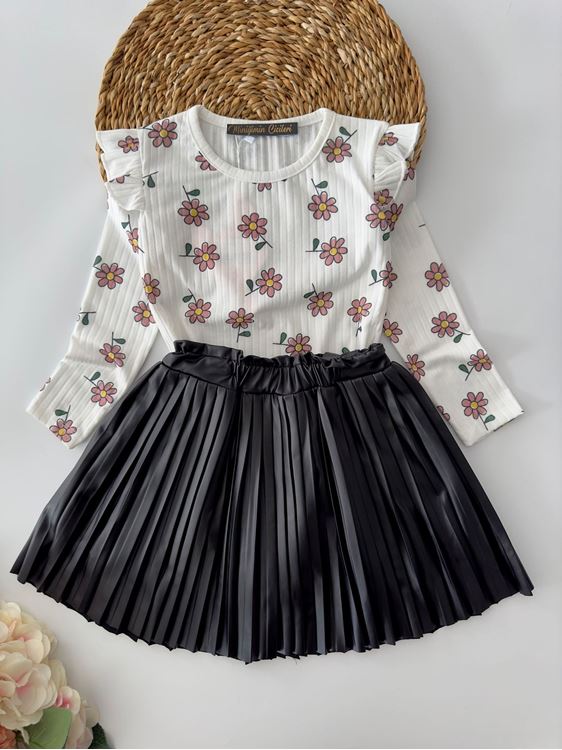 Miniğimin Cicileri Pilise Deri Salopet ve Papatya Baskılı Kız çocuk Takım - Siyah