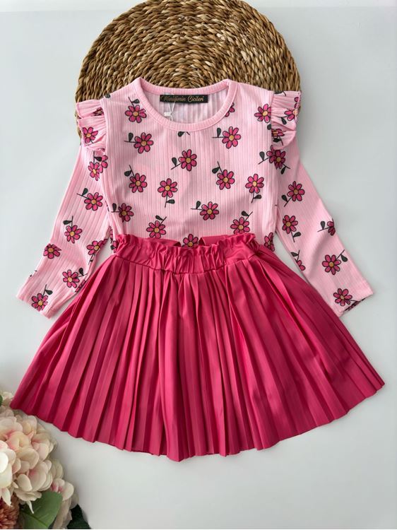 Miniğimin Cicileri Pilise Deri Salopet ve Papatya Baskılı Kız çocuk Takım - Pembe