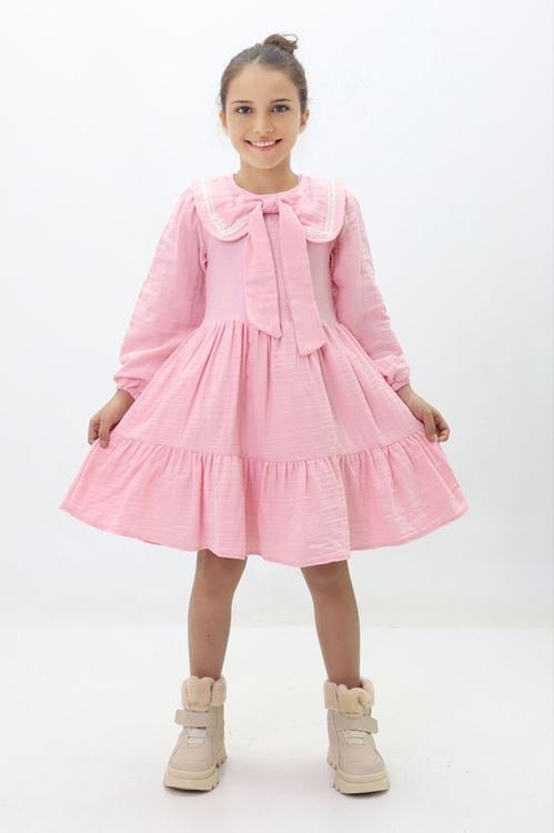 Miniğimin Cicileri Fiyonk Yaka Detaylı Pamuk Astarlı Kız Çocuk Elbise - Pembe