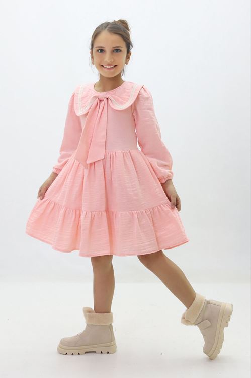 Miniğimin Cicileri Fiyonk Yaka Detaylı Pamuk Astarlı Kız Çocuk Elbise - Somon