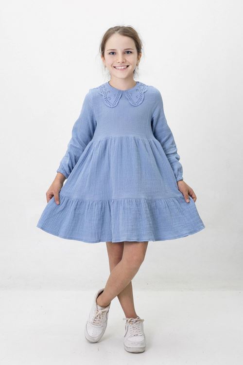 Miniğimin Cicileri Bebe Yaka Fisto Kız Pamuk Astarlı Kız Elbise - Mavi