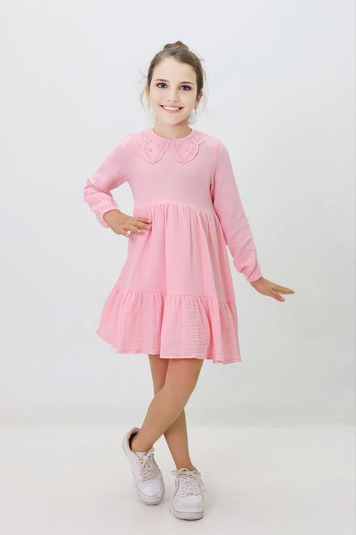 Miniğimin Cicileri Bebe Yaka Fisto Kız Pamuk Astarlı Kız Elbise - Pembe