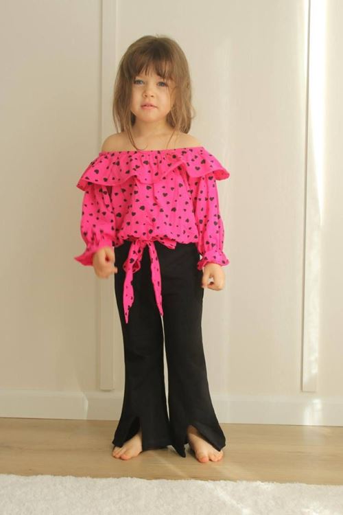 Miniğimin Cicileri Kalp Desenli Kayık Yakalı Kız Çocuk Takım - Fuşya