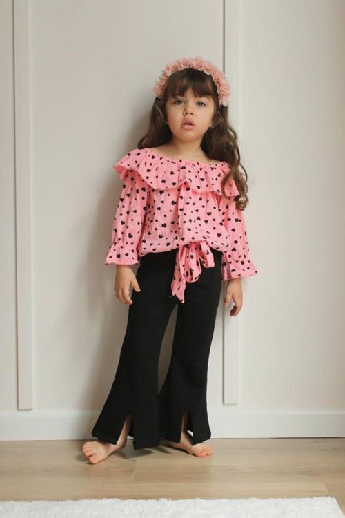 Miniğimin Cicileri Kalp Desenli Kayık Yakalı Kız Çocuk Takım - Pembe