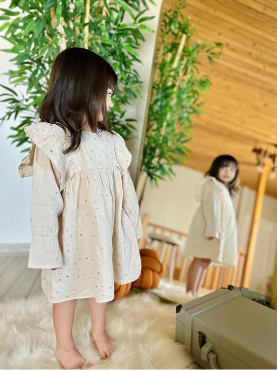 Miniğimin Cicileri Yıldız Yaldızlı Kız Çocuk Müslin Elbise - Bej