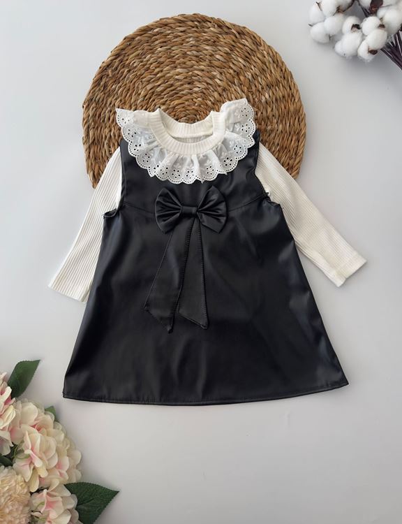 Miniğimin Cicileri Yaka Güpürlü Deri Fiyonklu Kız Jile Takımı 2'li - Siyah