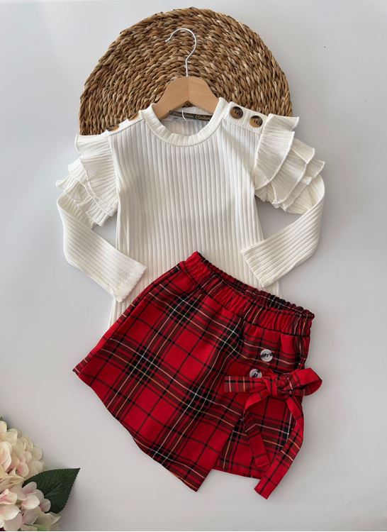 Miniğimin Cicileri Ekose Şort Etekli Kol Detaylı Kız Çocuk 2 li Mevsimlik Takım - Kırmızı