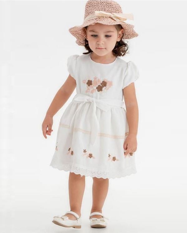 Miniğimin Cicileri Hasır Şapkalı İşlemeli Fistolu Kız Çocuk Elbise - Pudra