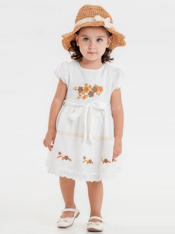 Miniğimin Cicileri Hasır Şapkalı İşlemeli Fistolu Kız Çocuk Elbise - Tarçın