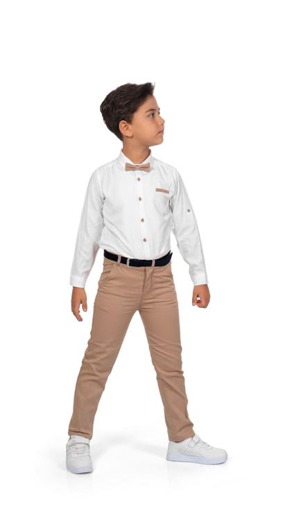 Miniğimin Cicileri Uzun Kol Papyon Gömlekli Kemerli Gabardin Erkek Çocuk Takım - Beyaz-Taba