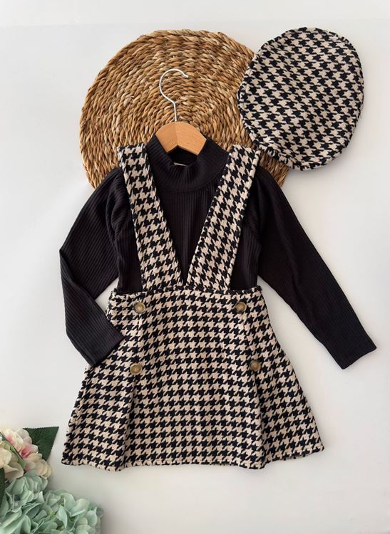 Miniğimin Cicileri Kazayağı Desenli Chanel Kumaş Kız Jile 3 lü Takım - Bej