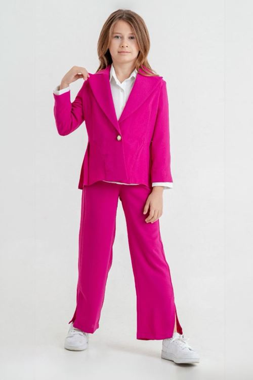 Miniğimin Cicileri Tarz Ceketli 3 lü Pilise Kız Takım - Fuşya