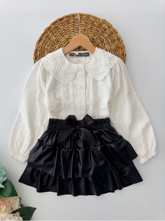 Miniğimin Cicileri Fiyonklu Deri Etekli Güpür Yakalı Kız Takım - Siyah