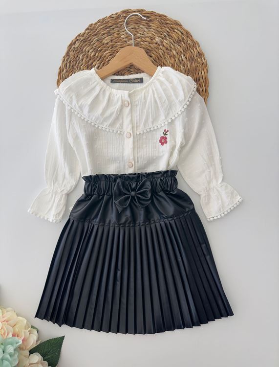 Miniğimin Cicileri Çiçek Nakış Desenli Pilise Etekli Kız Çocuk Takım - Siyah