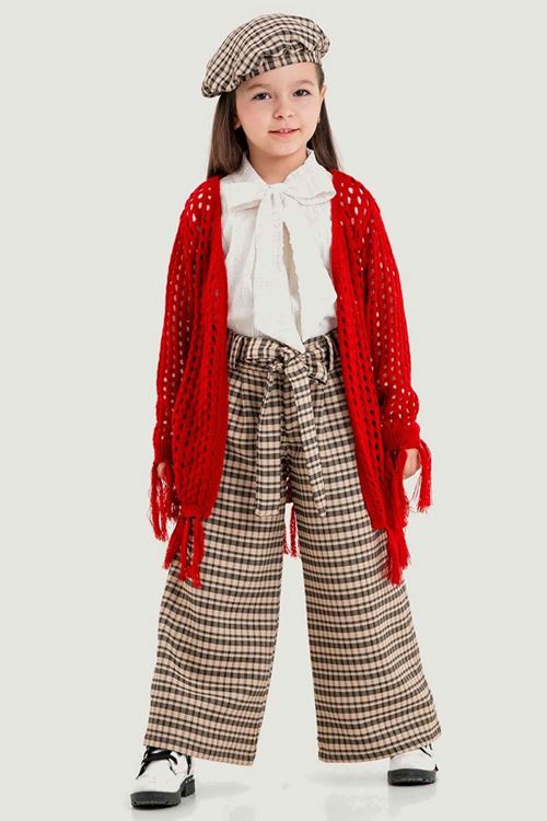 Miniğimin Cicileri Püsküllü Triko Hırkalı Fular Yaka Gömlekli 4 lü Takım - Kırmızı