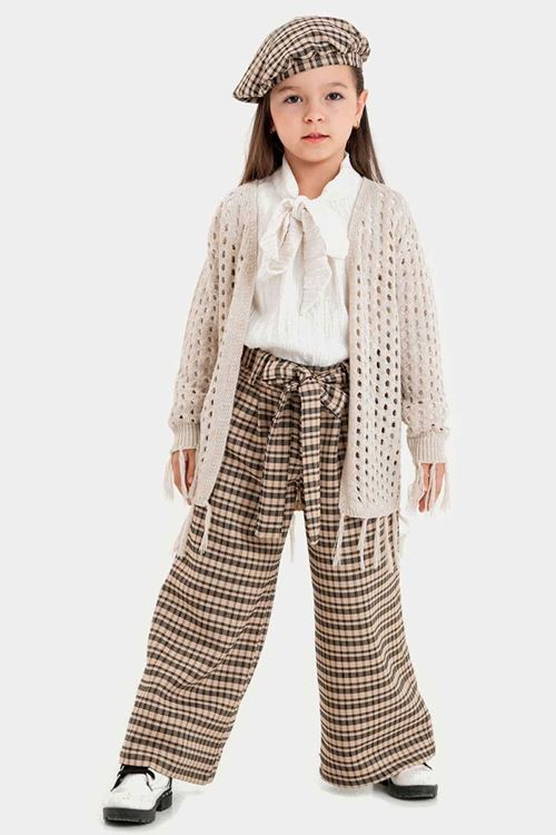 Miniğimin Cicileri Püsküllü Triko Hırkalı Fular Yaka Gömlekli 4 lü Takım - Krem