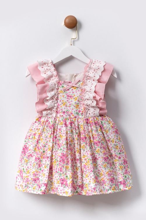Miniğimin Cicileri Çiçek Desenli Fistolu Kız Çocuk Elbise - Pembe