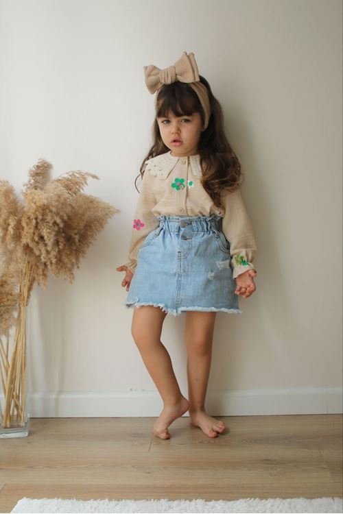 Miniğimin Cicileri Örgü Yaka detaylı Kot Etekli Kız Çocuk 2 li Takım - Açık Mavi