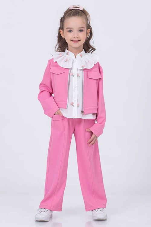 Miniğimin Cicileri Şeffaf Çantalı Lale Desen Ceketli Takım 4 lü - Pembe