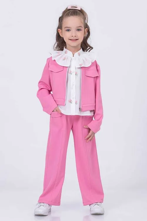 Miniğimin Cicileri Şeffaf Çantalı Lale Desen Ceketli Takım 4 lü - Pembe