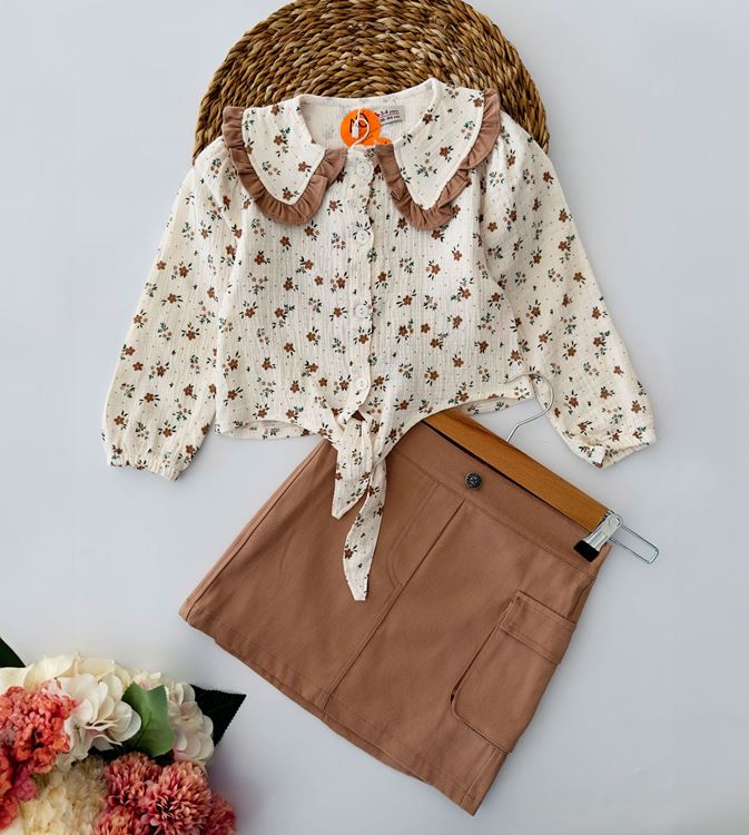 Miniğimin Cicileri Bağlamalı Çiçek Desenli Kız Çocuk Etekli Takım - Kahverengi