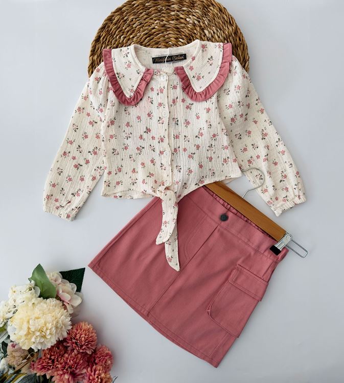 Miniğimin Cicileri Bağlamalı Çiçek Desenli Kız Çocuk Etekli Takım - Pembe