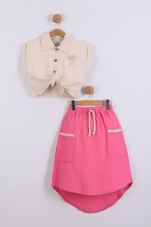 Miniğimin Cicileri Kız Çocuk Müslin Gömlek Asimetrik Etek Fiyonklu 2 li Takım - Pembe