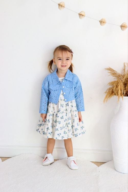 Miniğimin Cicileri Mini Çiçek Desenli Fisto Ceketli Kız Çocuk İkili Takım - Mavi