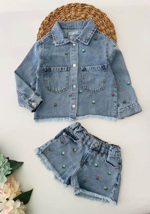 Miniğimin Cicileri Minik Çiçek İşlemeli Ceketli Şortlu 2 li Kot Takım - Açık Mavi