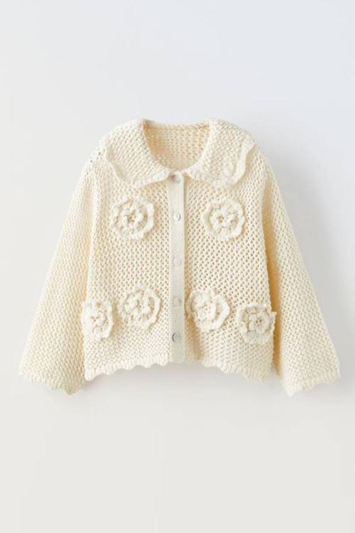 Miniğimin Cicileri Çiçekli Triko Düğmeli Hırka - Krem