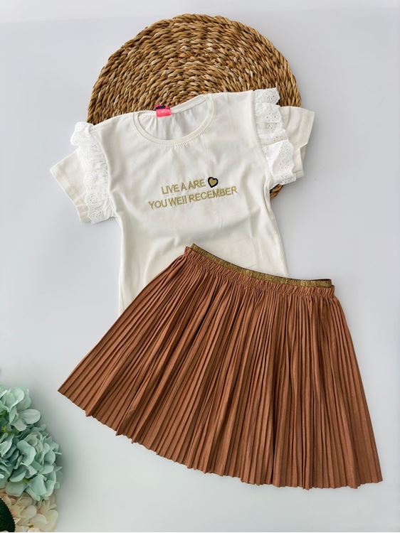 Miniğimin Cicileri Süet Pileli Etekli Kız Çocuk Takım - Kahverengi