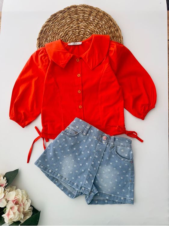 Miniğimin Cicileri Kot Şort Etekli Takım - Oranj