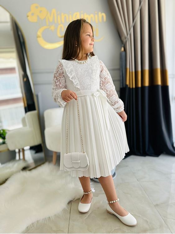 Miniğimin Cicileri Dantel Detaylı Pileli Çanta ve Kolye Aksesuarlı Kız Abiye - Beyaz