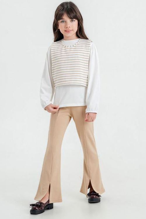 Miniğimin Cicileri Çizgili Yelekli Yırtmaçlı Kız Çocuk 3 lü Takım - Kahve