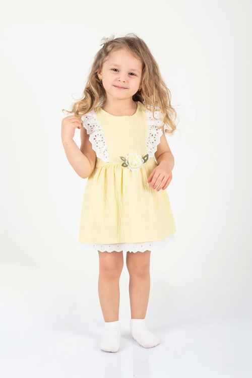 Miniğimin Cicileri Çiçekli Dantel Detaylı Gofre Astarlı Elbise - Sarı