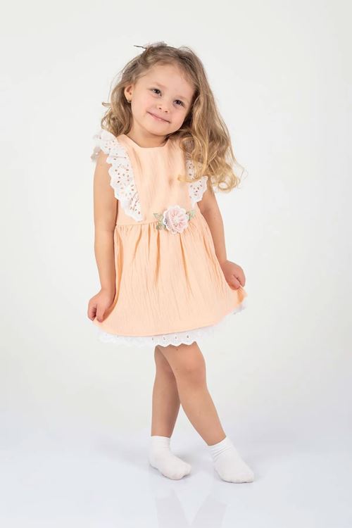 Miniğimin Cicileri Çiçekli Dantel Detaylı Gofre Astarlı Elbise - Somon