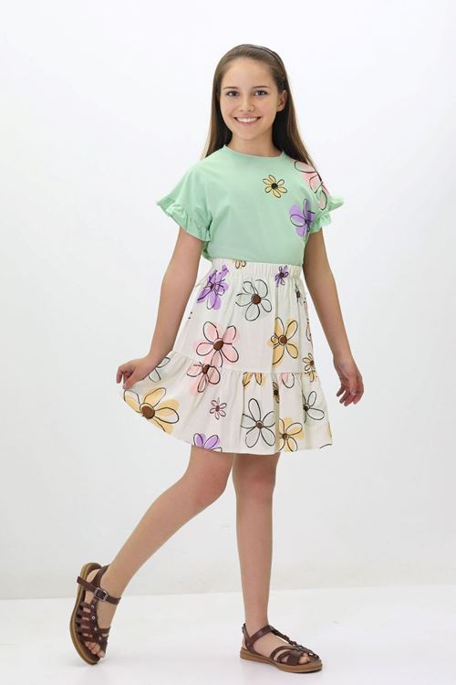 Miniğimin Cicileri Papatya Desenli Etekli Takım - Yeşil