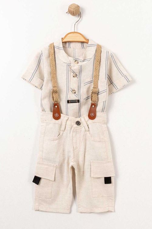 Miniğimin Cicileri Hasır Askılı Erkek Çocuk Salopetli Takım - Krem